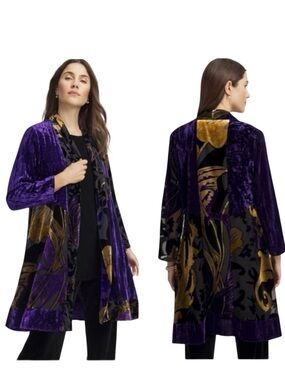 Chico’s Floral Burnout Velvet Duster Jacket Topper Purple Gold Whimsigoth Boho M